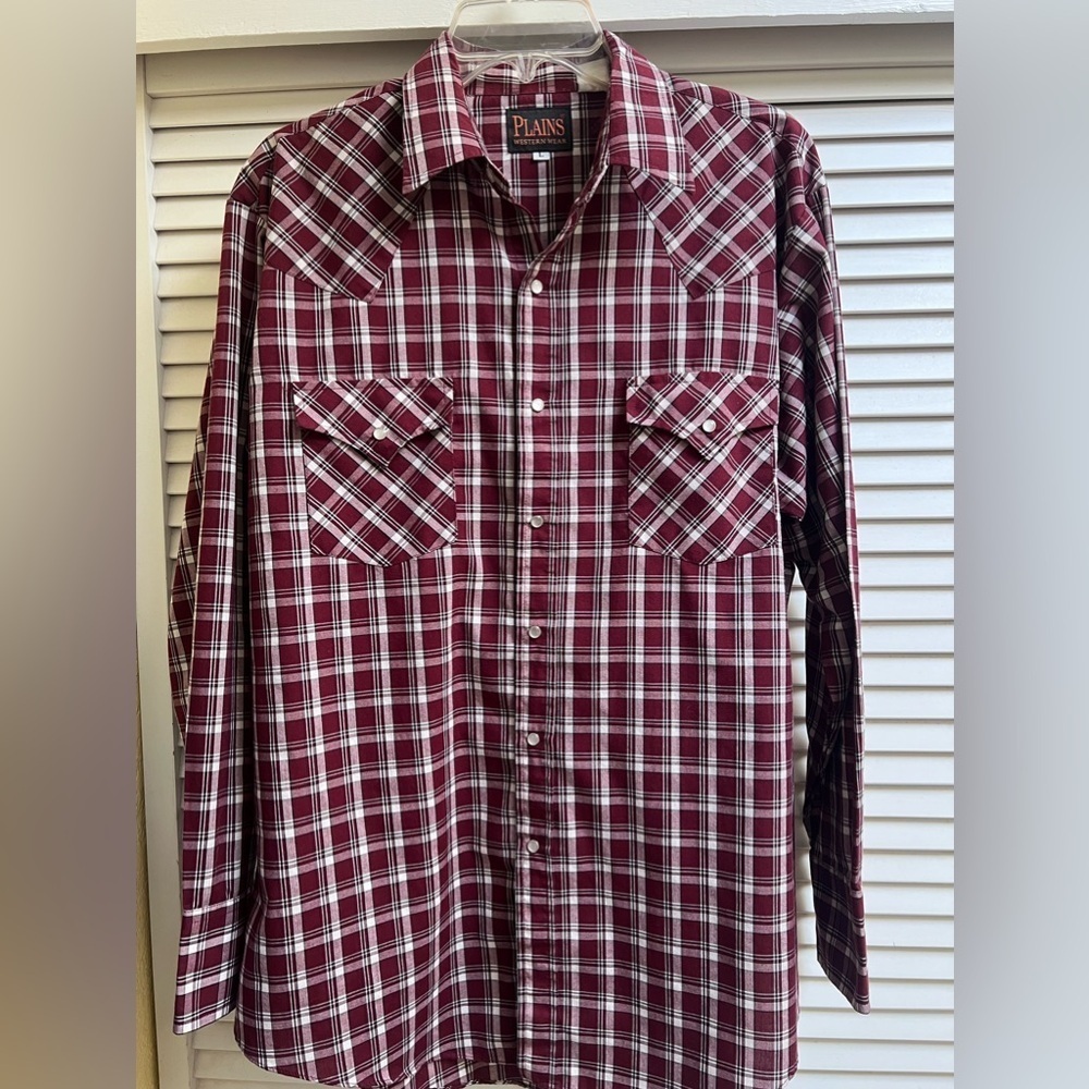 PLAINS Western Wear Pearl Snap Men’s Long Sleeved Shirt Sz L burgandy plaid top